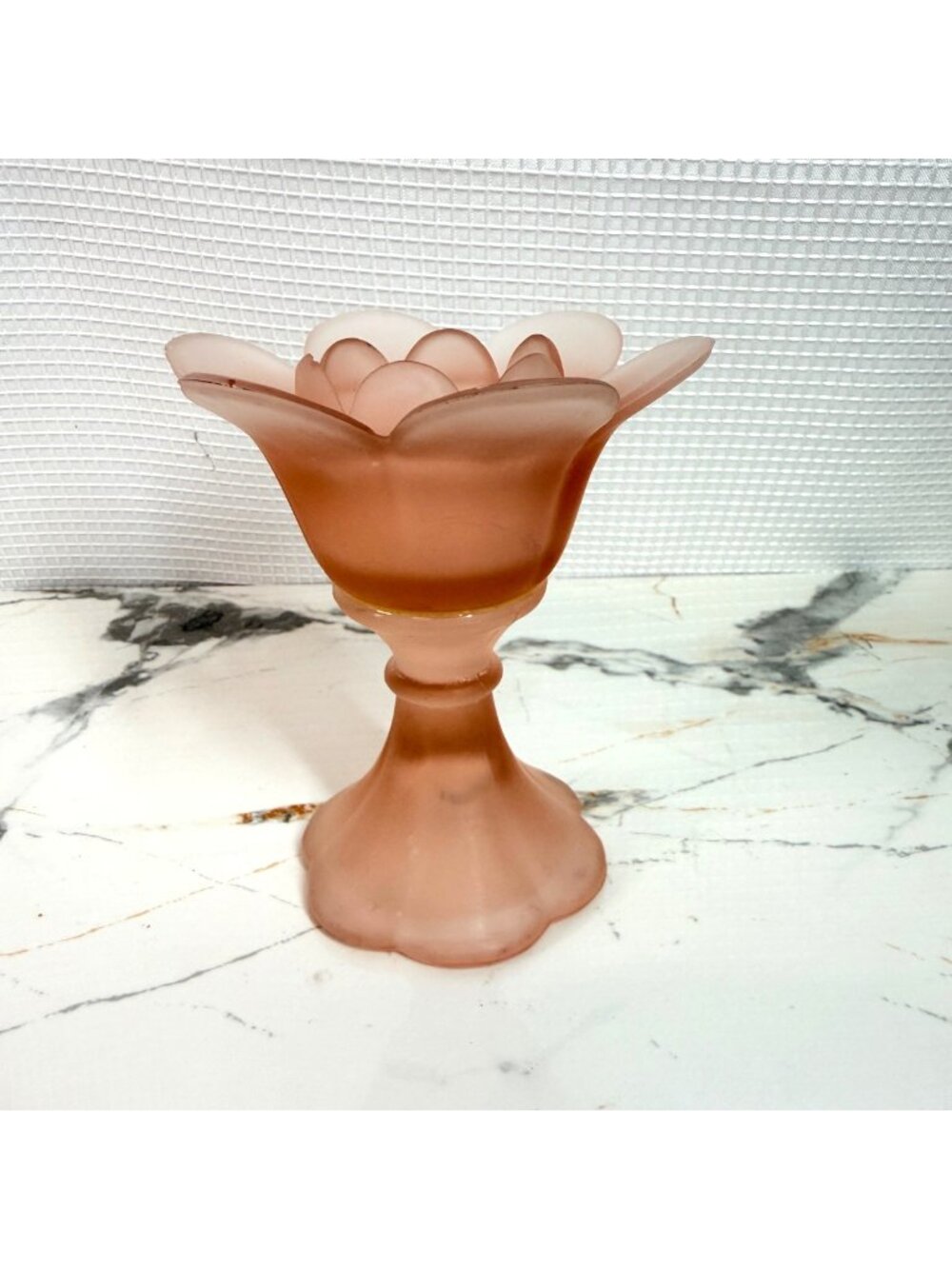 Vintage Viking Glass Pink Satin Cabbage Leaf Compote Candlestick holdrer, MCM
